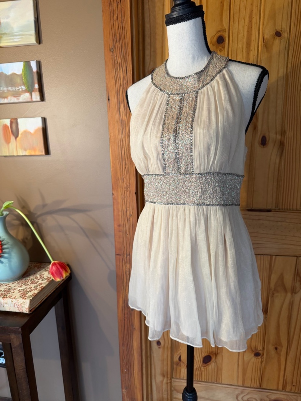 Vintage MM Couture Embellished Champagne Chifgon Halter top, NWT